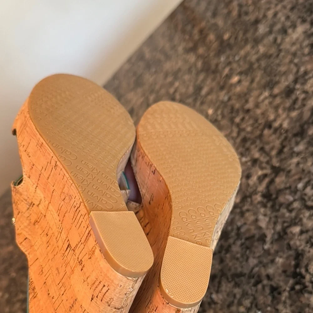 Calvin Klien teal cork Wedges NWOT 9M